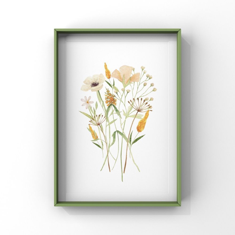 Wildflower Delicate Watercolor Tan Green Bouquet Digital Art Print